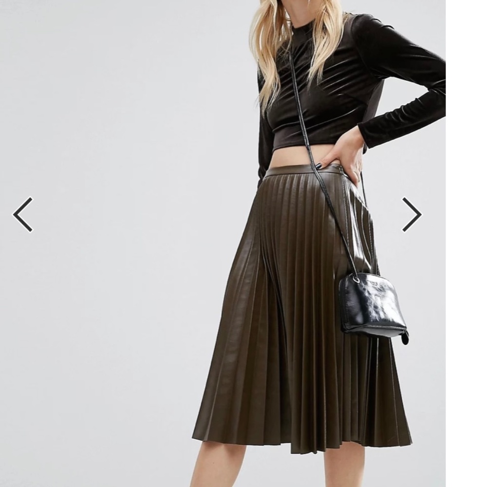 Asos Design Faux Leather Look Pleated Midi Skirt Swingy Pleater Olive Green 10